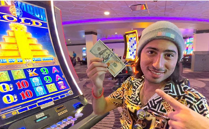 a man wearing a wool hat holding money and an image of slot games