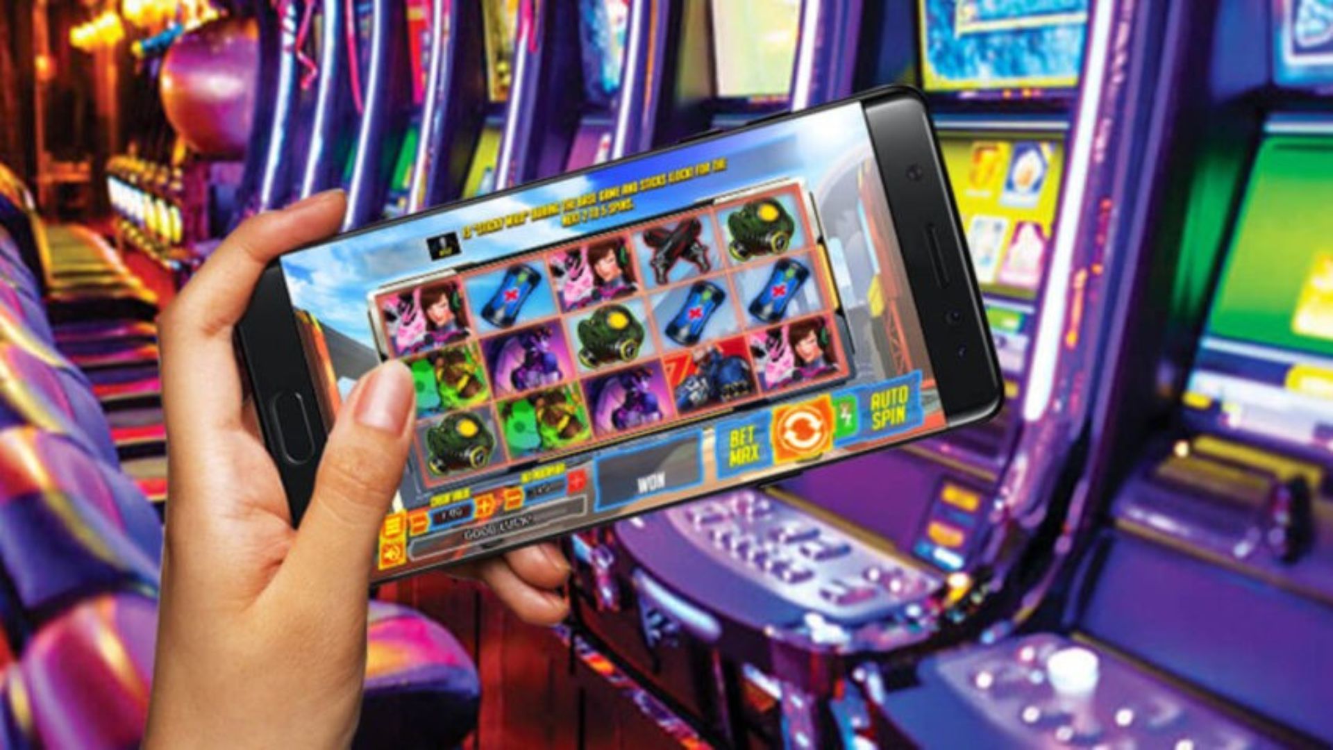 a hand holding a phone playing the best free online slots 